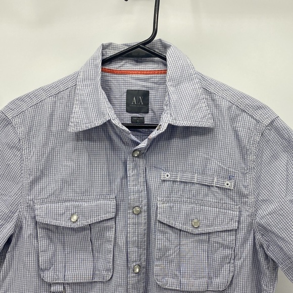 AX Armani Exchange mini plaid short sleeve snap button blue white - Picture 3 of 5